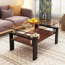 39" Brown Glass Coffee Table Walnut Modern Living Room Center Table Rectangle, with Wooden MDF Storage Layer, Black Metal Leg, for Small Apartment and Office, Brown by CozyNest Decor