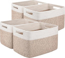 OIAHOMY 4 Pack Storage Baskets for Organizing, Basket for Shelves with Handle, Woven Baskets for Storage Toys, Towels, Books, Cotton Rope Basket 13" L x 9 " W x 7.8 " H, Brown & White by TinyTreasures Baby Boutique