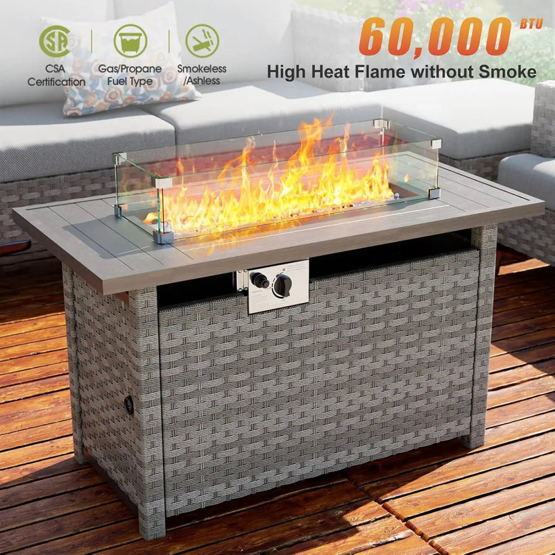 44" Fire Pit Table with Wind Guard for Outdoor, Auto-Ignition Propane Gas Firepits Rattan Rectangular Table for Outside Patio 60,000 BTU, Gray, photo 2 of 6