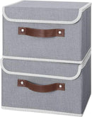 ANMINY 4PCS Storage Bins with Lid PU Leather Handles Storage Boxes PP Plastic Board Decorative Foldable Lidded Cotton Linen Fabric Home Cubes Baskets Closet Organizer Containers - Gray, Small Size by CozyNest Decor