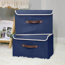 ANMINY 2PCS Storage Bins with Lid PU Leather Handles Storage Boxes PP Plastic Board Decorative Foldable Lidded Cotton Linen Fabric Home Cubes Baskets Closet Organizer Containers - Blue, Large Size by CozyNest Decor