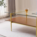 X-Large Rectangle Glass Coffee Table, Mid-Century Modern Design, for Living Room, L47 x W24 x H17 Inch, Clear Glass Top and Walnut MDF Shelf, Sleek Conical Legs with Gold Finish Frame by CozyNest Decor