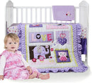 Brandream Crib Bedding Set 3 Pieces Purple Baby Girls Cotton Patchwork Flowers Elephant Owl Nursery with Ruffle Design, Princess Lovely Cute Breathable Healthy by TinyTreasures Baby Boutique