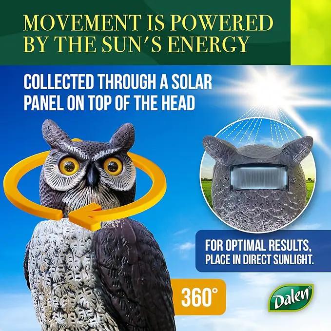 Dalen SOL-R Action Solar Fake Owl Decoy to Scare Birds Away from Gardens, Rooftops, and Patios - Safe and Humane, 18" 360º Rotating Head, photo 3 of 9