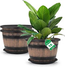 Quarut Large Plastic 3 Pack16 inch Plant Pots,Whiskey Barrel Planters with Drainage Holes & Saucer.Flower Pots Imitation Wine Barrel Design for Indoor & Outdoor Garden Balcony Plants.7 Gallons(Brown) by GreenHaven Gardens