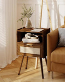 Rattan Nightstand with Outlet,Modern Bedside Table with Storage Drawer and Open Wood Shelf, for Living Room, Bedroom and Small Spaces, Accent Night Stand with Solid Wood Legs,Walnut Brown by CozyNest Decor