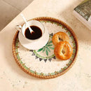 Round Rattan Tray with Mother of Pearl Inlay & Wooden Base - Decorative Wicker Serving Tray for Coffee/Bread/Fruits, Food Storage & Display - Multipurpose Home Decor (M,Bohemia) by CozyNest Decor