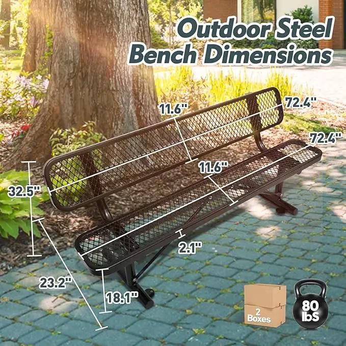 6FT Heavy Duty Park Bench with Back Portable Frame, Outdoor Metal Park Bench with Backrest, Steel Mesh Outdoor Bench for Garden, Lawn, Patio, Porch, Park, Yard (Black, 72.4" L x 23.2" W x 32.5" H), photo 3 of 7