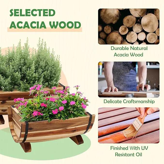 IDZO Solid Acacia Wood Half Barrel Planters Outdoor Set of 2 Different Sizes, Wooden Planters for Outdoor Plants with Metal Bands & Drainage Holes, Legs Included, Natural, photo 3 of 6