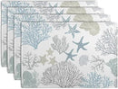 Summer Linen Placemats Set of 4 Nautical Coastal Theme Washable Non-Slip Heat Resistant Table Place Mat 12×18 Inch Ocean Beach Blue Grey Coral Starfish Place Mats for Kitchen Dining Table by CozyNest Decor