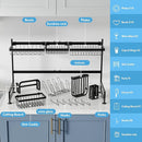 2 Tier Extra Large Stainless Steel Expandable Over The Sink Dish Drainer Drying Rack, Rust Proof Metal, Space Saving, Modern Black Big Capacity Extendable Plate Strainers Above Kitchen Counter by CozyNest Decor