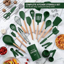 Country Kitchen Non Stick Silicone Utensil Set with Rounded Wood Handles for Cooking and Baking, 38 Piece Set, Green by CozyNest Decor
