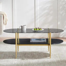 Oval Glass Coffee Table, Mid-Century Modern Design, L41 x W21 x H17 inch, for Living Room, Grey Glass Top, Black Marble Finish Wood Shelf & Gold Finish Frame by CozyNest Decor