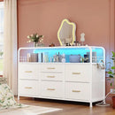 TV Stand for Bedroom with LED Lights & Charging Station, 7 Drawer with Open Shelf, Media Console for Living Room & Chest of Drawers for Closet, Entryway, Hallway, 4 Hooks, White by CozyNest Decor