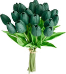 Mandy's Artificial Tulips 20 Stems Dark Green PU Faux Flowers for Wedding Home Decor 13.5 Inch by CozyNest Decor