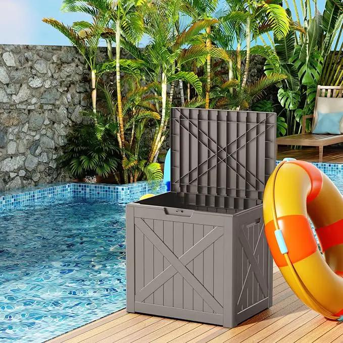 38 Gallon Outdoor Deck Box,Storage Lockable Waterproof Patio Furniture,Garden Tools,Cushions,Pool Accessories Outside Storage Resin Box(GreyX), photo 4 of 7