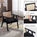 Accent Rattan Chair, Faux Fur Upholstered Living Room Chairs with Cane Back, Retro Mid Century Modern Cane Chair Armchair for Reception Reading Indoor Outdoor, Black by CozyNest Decor