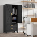 71'' Farmhouse Metal Wardrobe Cabinet with Hanging Rod, 2 Barn Door Wardrobe Closet with Adjustable Shelves,2 Drawer,for Dining Room,Bedroom,Living Room, Cloak Room,Office (Black) by CozyNest Decor