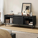 59 Inch TV Stand with Power Outlet for TVs up to 65 Inch, Entertainment Center with Storage, Mid-Century Modern TV Console, Adjustable Shelf & Sliding Doors, TV Stand for Living Room, Bedroom, Black by CozyNest Decor