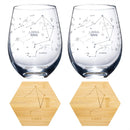 Set of 2 Zodiac Sign Wine Glasses with 2 Wooden Coasters (Libra)