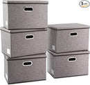 PRANDOM Large Collapsible Storage Containers with Lids [5-Pack] Linen Fabric Foldable Storage Bins Boxes Organizer Baskets Cube with Cover for Home Bedroom Closet Office Nursery (17.7x11.8x11.8) by TinyTreasures Baby Boutique