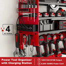12 Cordless Drill Holder Large Power Tool Organizer Wall Mount with Side Pegboard & Screwdriver Holder, 4-Tier Heavy Duty Metal Tool Storage Rack with 4-Outlet Power Strip by GreenHaven Gardens