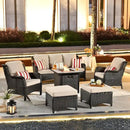 ovios 6 Pieces Patio Furniture Set with 30" Fire Pit Table, Outdoor Wicker Sofa with Ottomans, Comfy Cushions, High Back Couch Conversation Set, Brown Rattan, Beige by GreenHaven Gardens