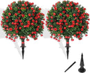 Artificial Boxwood Topiary Tree with Rose, Set of 2 Artificial Shrub Bushes with Ground Spike, Fake Evergreen Tree for Porch, Artificial Plants for Outdoor Planters Indoor UV Resistant by GreenHaven Gardens