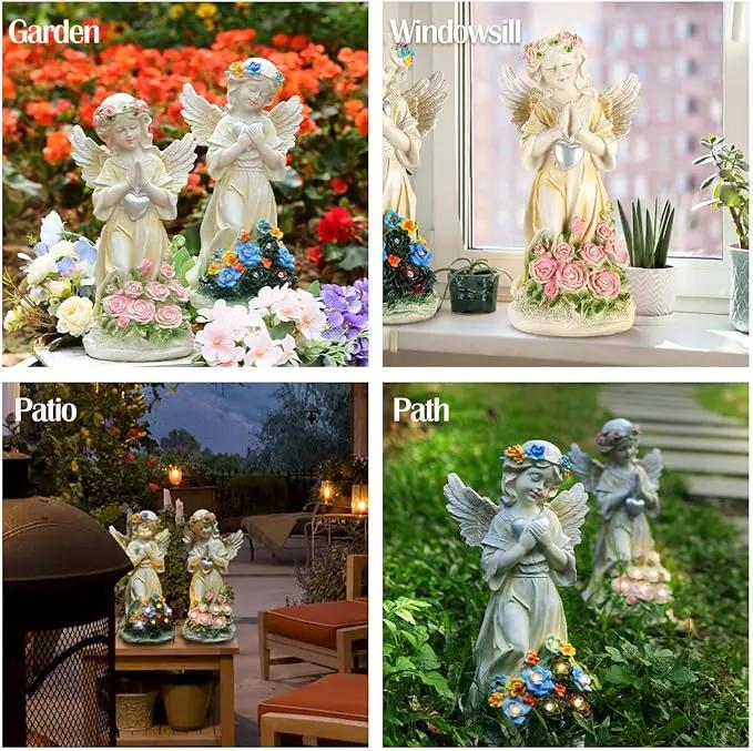 Angel Garden Statue 2Pcs,Love Heart Solar Garden Decor with Warm Light,Waterproof Praying Angel Statue with Flowers,Outdoor Garden Decor Sculpture for Lawn Yard Patio Garden Gifts,Apricot, photo 7 of 8