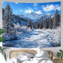 AMM Winter Forest Snow Mountain Tapestry Snowy Pine Tree Woodland Tapestry for Bedroom Aesthetic White Clouds Flowing River Landscape Tapestries Wall Hanging for Living Room Dorm Office 60 x 44 Inch by CozyNest Decor
