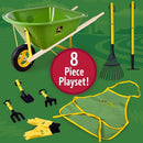 John Deere Deluxe 34" Wheelbarrow and Garden Set Includes 5 Realistic Gardening Tools,Gardening Apron, Gardening Gloves, Large Metal Wheelbarrow with Wooden Handles, Outdoor Toy Ages 5+ by TinyTreasures Baby Boutique