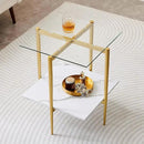 Square Glass End Table, Mid-Century Modern Design Sofa Table, for Living Room, L18 x W18 x H23, Clear Glass Top and White Marble MDF Shelf, Sleek Conical Metal Legs with Gold Finish by CozyNest Decor