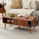 Coffee Table with Storage, Mid Century Dining Table with Sliding Fluted Door and Solid Wood Legs, Small Coffee Tables for Living Room, Walnut by CozyNest Decor