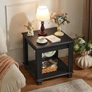 Farmhouse End Table,Large Side Table with 2-Tier Storage Shelf,Rustic Wood End Tables for Living Room,Square Tea Table,Black by CozyNest Decor