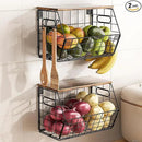 Delamu 2-Pack Stackable Metal Fruit Basket with Wood Lid-Wall Mounted & Countertop Organizer for Kitchen,Pantry- Ventilated Storage for Onions,Potatoes,Fruits,Spices (12"x 8"x 8-5/16") by CozyNest Decor