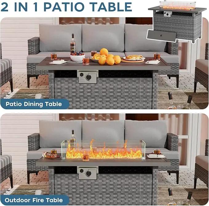 Propane Fire Pit Table Outdoor, 44" 60000BTU Auto-Ignition Fire Pits Table with Wind Guard Square Large Wicker Propane Firepits for Porch Garden(Grey,CSA Certified), photo 7 of 8