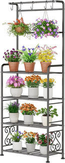 Plant Stand Indoor Outdoor Heavy Duty Metal - 68.4" Tall 4-Tier Shelf for Multiple Plants, Flowers, Rustproof Black Storage Rack for Patio, Balcony, Living Room, Garden, Includes Hooks&Adjustable Feet by GreenHaven Gardens