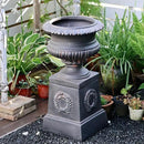 VISIBLE Classic Garden Urn Planter with Pedestal, Black Antique Finish, Cement Fiber Material, Decorative Leaf Pattern, 22 Inch Height, Indoor Outdoor Use, Delivered from Local Warehouse (Black) by CozyNest Decor