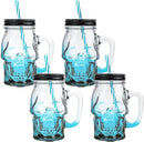 Halloween Cups Set of 4 - Blue Skull Glass Drinking Jar with Lids and Straws - Halloween Decor, Drinking Glasses 16 oz by CozyNest Decor