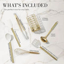 White Silicone and Gold Cooking Utensils Set with Gold Utensil Holder - 7-Piece Silicone Cooking Tools - Ideal for Nonstick Cookware and Stylish Modern Kitchens - Luxury Kitchen Accessories by CozyNest Decor