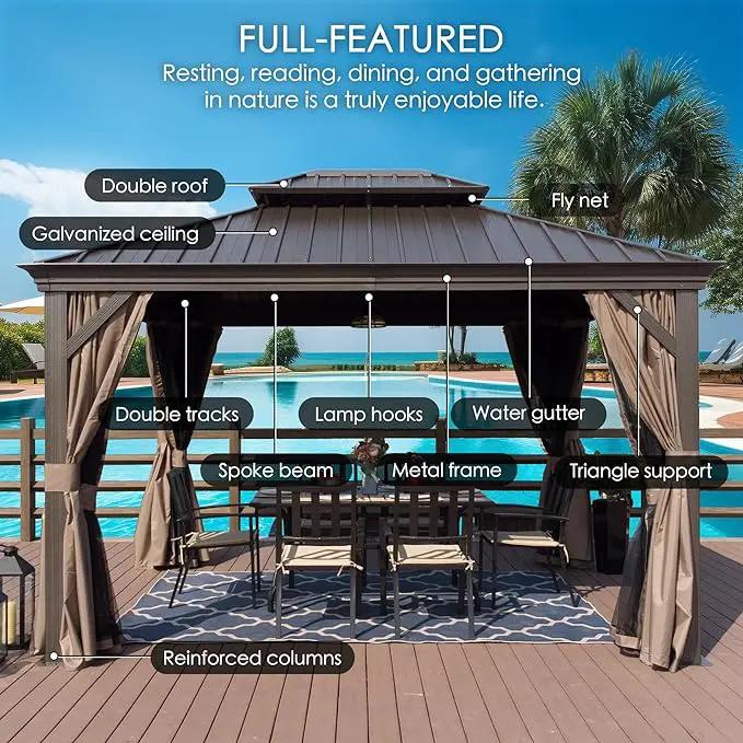 Kozyard Alexander 12' X 20' Permanent Aluminum Hardtop Gazebo with Galvanized Steel Double Roof Canopy, Curtain and Netting or Patio, Backyard, Deck, Lawn (Brown), photo 2 of 8