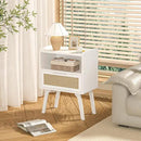 Lerliuo Rattan Nightstand, Bedside Table with Drawer Open Shelf, Cane Accent Side End Table with Solid Wood Legs, White Mid Century Night Stand for Bedroom, Dorm and Small Spaces by CozyNest Decor