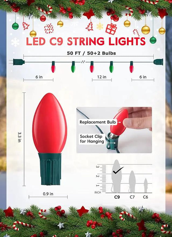Vintage C9 LED Christmas Lights Outdoor, 50 Feet C9 String Lights with 50 Shatterproof Matte Bulbs, Connectable Waterproof Lights for Holiday Party Roofline Backyard Garden Patio, Red & Green, photo 2 of 6