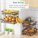 Giwil 2 Tier Countertop Fruit Basket for Kitchen, Vegetable Storage Bread Fruit Bowl Stand with 2 Banana Hangers, Wall Mounted Metal Wire Basket Organizer for Potato Onion, Black by CozyNest Decor