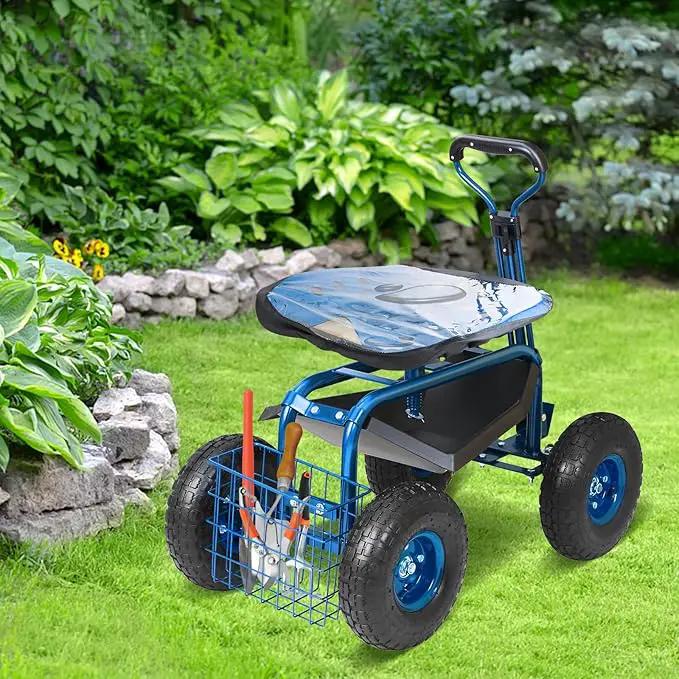 VEVOR Rolling Garden Work Seat with Wheels, Gardening Stool for Planting, 360 Degree Swivel Seat, Garden Scooter with Steering Handle & Tool Tray, Garden Chair for Outdoor, Patio and Yard, Blue, photo 7 of 8