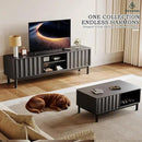 Black Mid Century Modern TV Stand, Wood Fluted Living Room TV Stands with Storage Sliding Doors, Desert-Inspired Design MCM Entertainment Center for 55 60 65 70 75 55+ 60+ 65+ 70+ Inch by CozyNest Decor