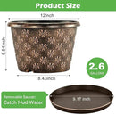 12 Inch Planter Pots for Plants, Plastic Large Flower Pots Indoor Outdoor, 4 Pack Resin Plant Pot with Drainage & Saucer, Retro Decorative Garden Pot with Removable Trays for House by CozyNest Decor