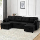 110 Inches Chenille Sectional Sofa w/Pull Out Sofa Bed & Adjustable Back, Tufted U Shaped Couch w/Two Storage Chaises, Sleeper Sectional Sofa w/USB Port & Cup Holders for Living Room, Black by CozyNest Decor