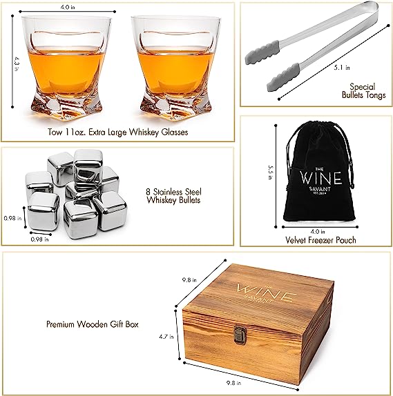 The Wine Savant Luxurious Cigar Glasses - Whiskey glass with Cigar Holder - Set of 2, 10oz Cigar Holder Whiskey Glasses, Tongs, 8 Cube Chilling Rocks Stones - Set in Premium Wood Box Gift for Any Bar