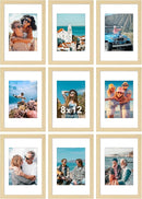 Vittanly 8x12 Picture Frames Set of 9, Shatter Resistant Plexiglass, Display 6x8 Pictures with Mat or 8x12 without Mat, Photo Frames for Wall or Tabletop, Engineered Wood, OAK by CozyNest Decor